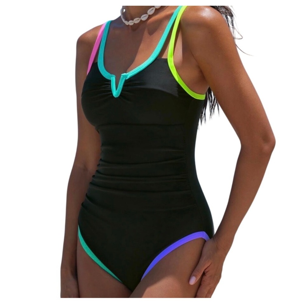 Popvil Womens One Piece Swimsuit Tummy‎ Control Retro Neon Black Small - Picture 2 of 5